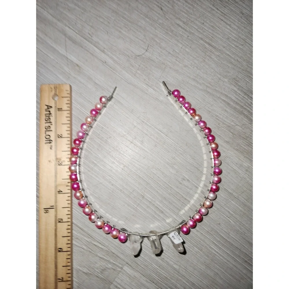 Handmade Pink Pearl and Quartz Crystal Point Wire Wrapped Headband Silver Tone